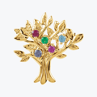 Jewellery product category showing multi-stone gold tree broach.