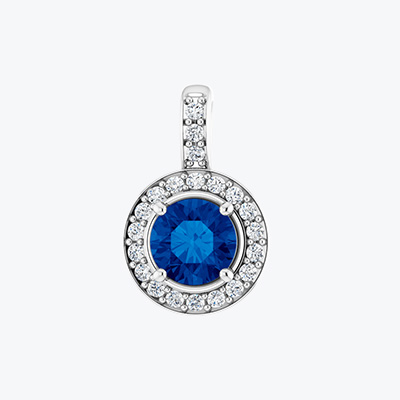 Necklaces and pendants product category showing diamond and sapphire pendant in white gold.
