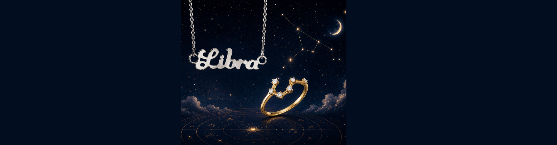 Zodiac Libra white gold name plate necklace and Taurus yellow gold and diamond ring shown against a celestial background.